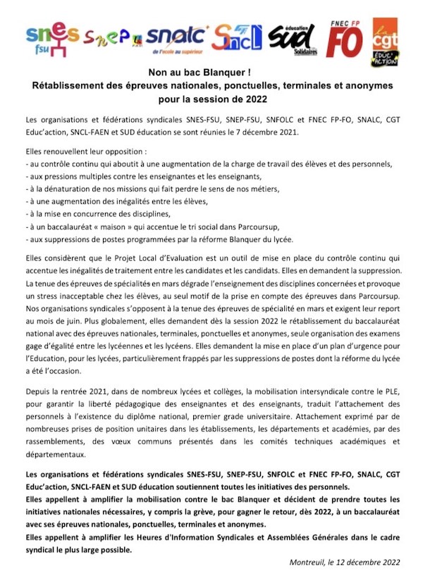 Non au bac Blanquer ! Rétablissement des épreuves nationales, ponctuelles, terminales et anonymes pour la session de 2022