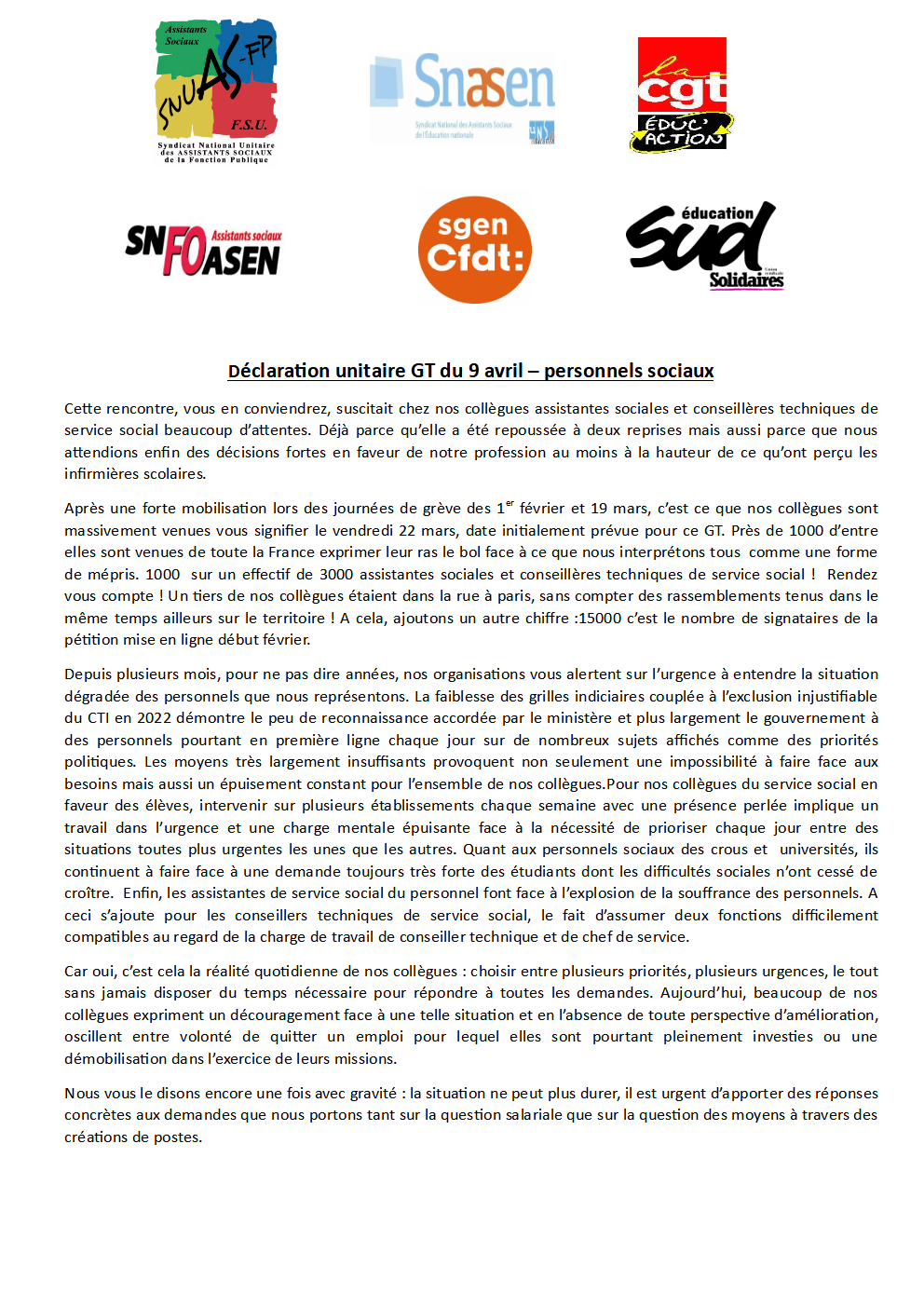 Déclaration unitaire GT du 9 avril pour les personnels sociaux